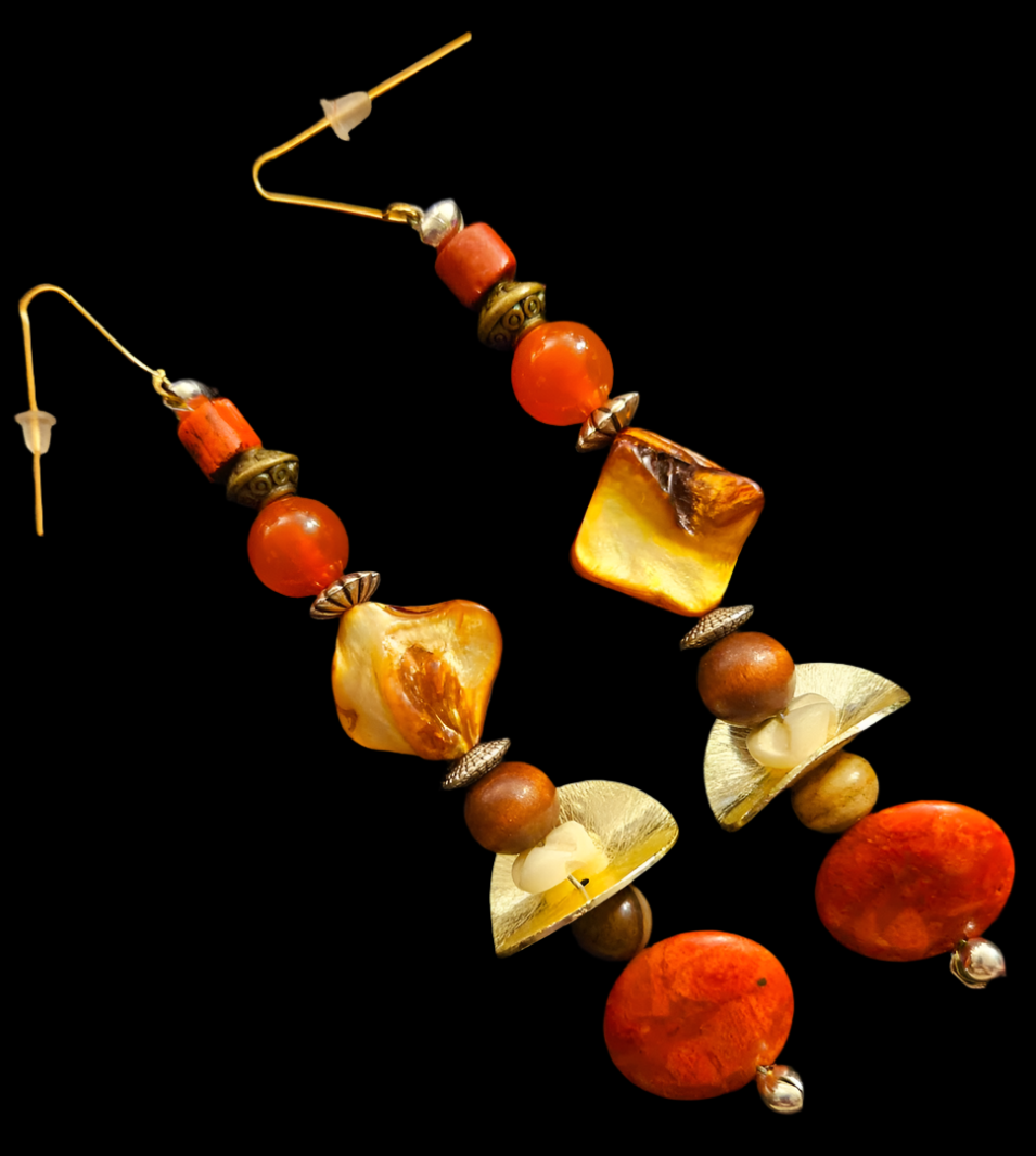 Orange and Bronze Autumn Shoulder Dusters - Extra Long Coral & Shell Pierced Earrings - Fall Wardrobe Ear Candy - Kat Kouture Jewelry