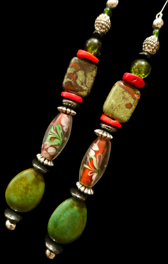 Olive and Red Mixed Media Shoulder Dusters - Green Turquoise & Bloodstone Long Ear Candy - Exotic Long Beaded Pierced Earrings - Kat Kouture Jewelry