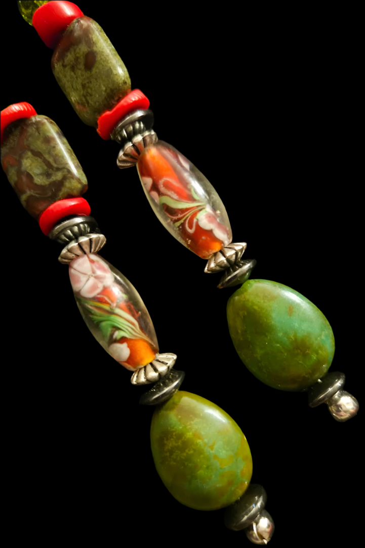 Olive and Red Mixed Media Shoulder Dusters - Green Turquoise & Bloodstone Long Ear Candy - Exotic Long Beaded Pierced Earrings - Kat Kouture Jewelry