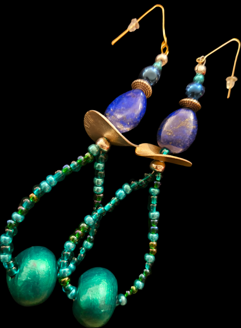 Lapis Lazuli & Emerald Green Beaded Hoop Pierced Earrings - Blue Green Shoulder Dusters - Kat Kouture Jewelry