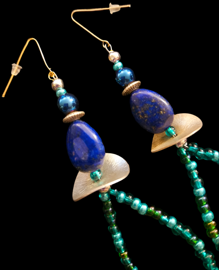 Lapis Lazuli & Emerald Green Beaded Hoop Pierced Earrings - Blue Green Shoulder Dusters - Kat Kouture Jewelry