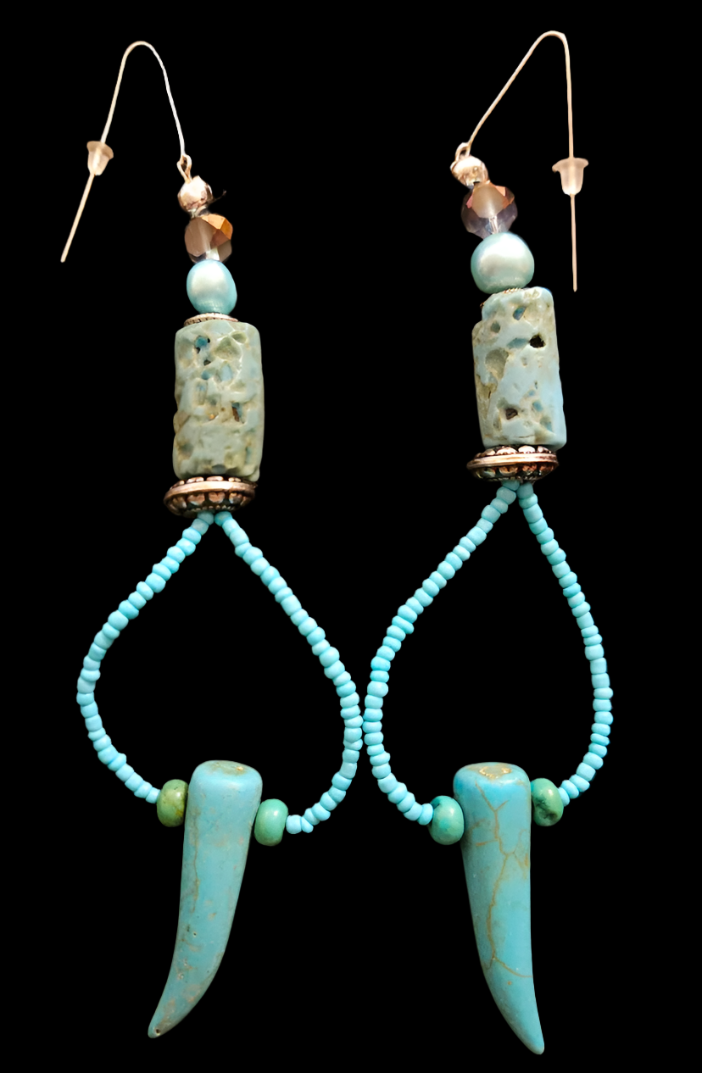 Light Blue Beaded Hoop Earrings with Tusks - Exotic Casual Attire Boho Shoulder Dusters - Kat Kouture Jewelry - Gift for Jewelry Collectors