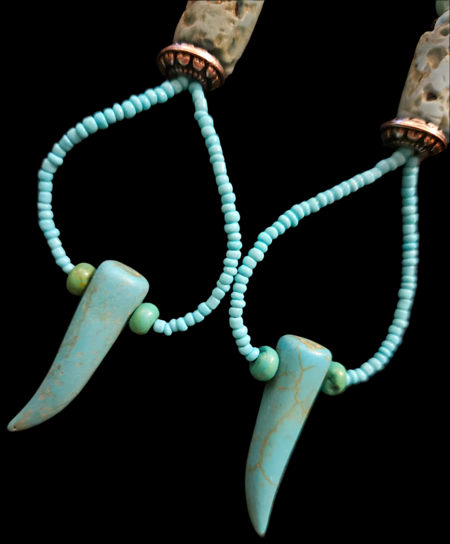 Light Blue Beaded Hoop Earrings with Tusks - Exotic Casual Attire Boho Shoulder Dusters - Kat Kouture Jewelry - Gift for Jewelry Collectors