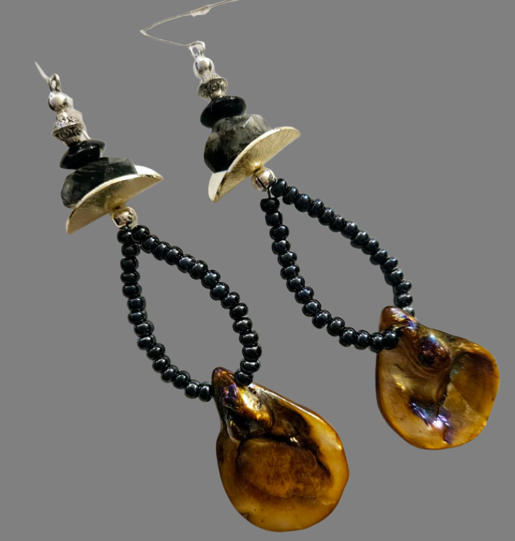 Bronze Abalone Hoop Pierced Earrings - Copper & Black Shoulder Dusters - Shell and Gemstone Avant Garde Ear Candy - Kat Kouture Jewelry