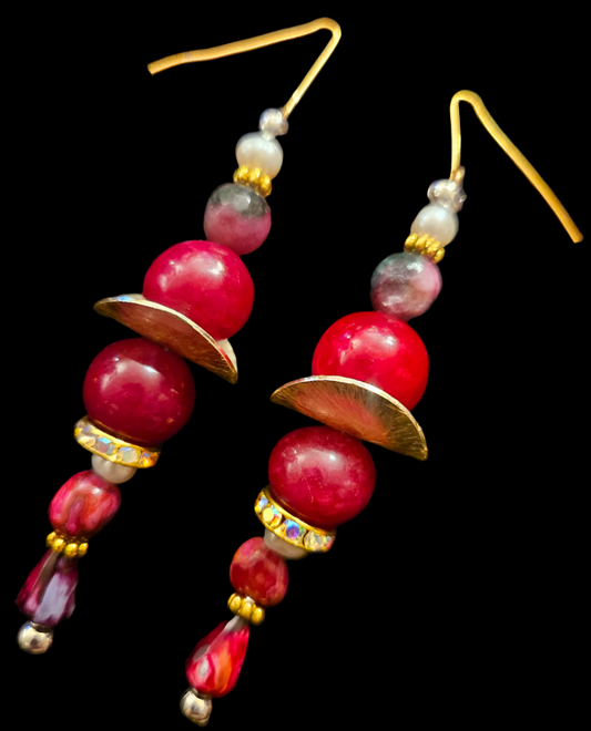 Ruby Agate & Freshwater Pearl Beaded Dangle Earrings - Burgundy Pink and White Shoulder Dusters - Holiday Glamour Ear Candy - Kat Kouture Jewelry