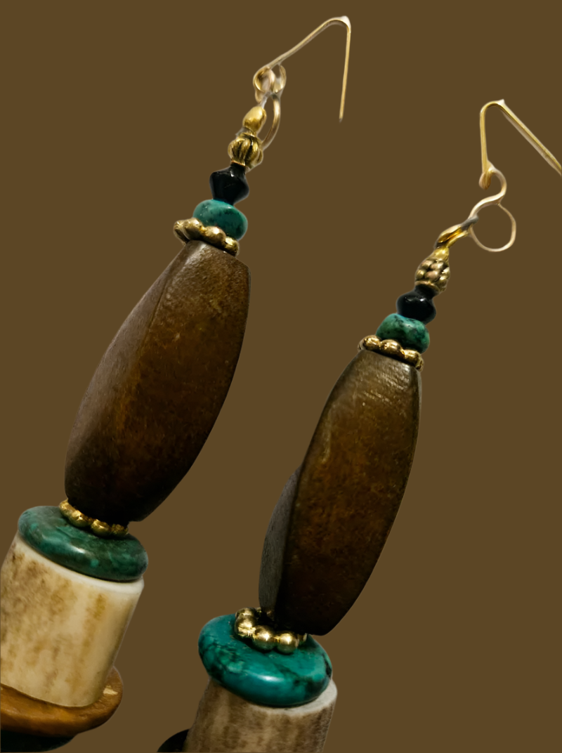 Wood Antler & Gemstone Beaded Dangle Pierced Earrings - Earth Tone Lightweight Shoulder Dusters - Kat Kouture Jewelry