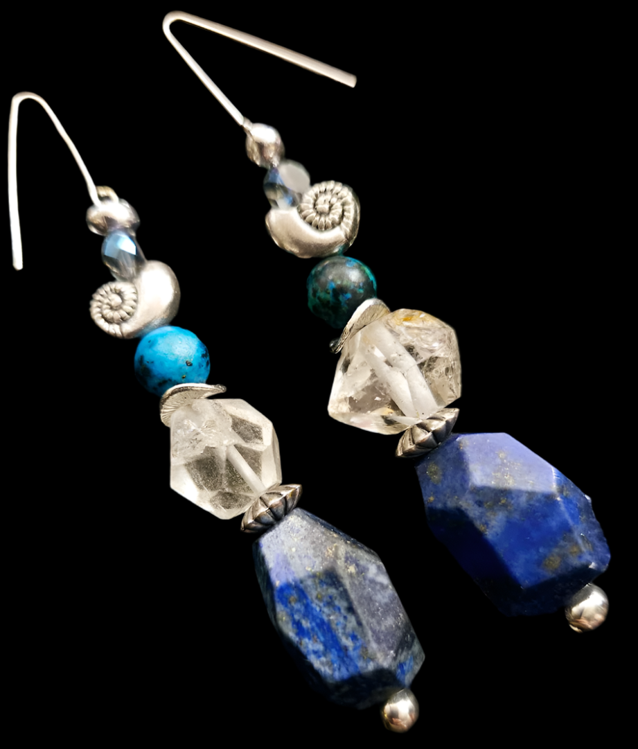 Lapis Lazuli & Double Terminated Quartz Pierced Earrings - Blue Silver & Clear Gemstone Dangle Ear Candy - Kat Kouture Jewelry