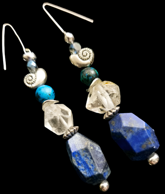 Lapis Lazuli & Double Terminated Quartz Pierced Earrings - Blue Silver & Clear Gemstone Dangle Ear Candy - Kat Kouture Jewelry