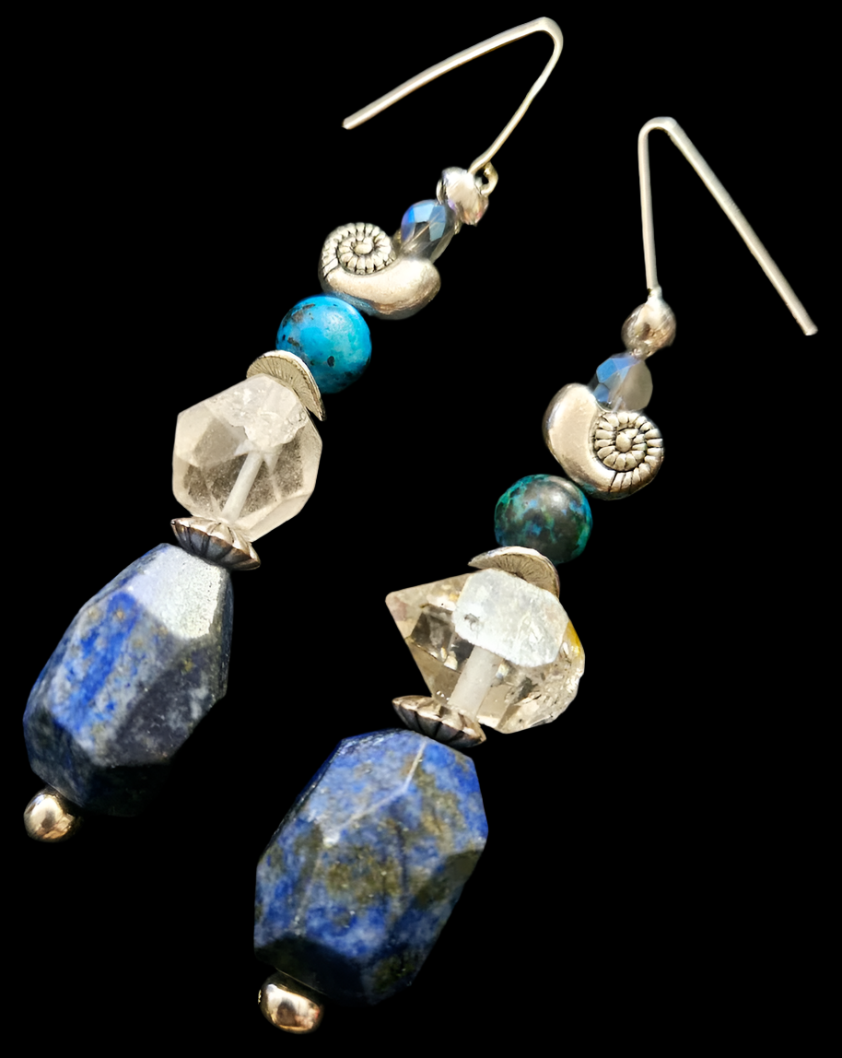 Lapis Lazuli & Double Terminated Quartz Pierced Earrings - Blue Silver & Clear Gemstone Dangle Ear Candy - Kat Kouture Jewelry