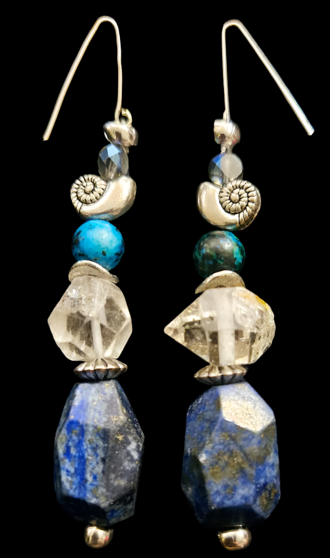 Lapis Lazuli & Double Terminated Quartz Pierced Earrings - Blue Silver & Clear Gemstone Dangle Ear Candy - Kat Kouture Jewelry