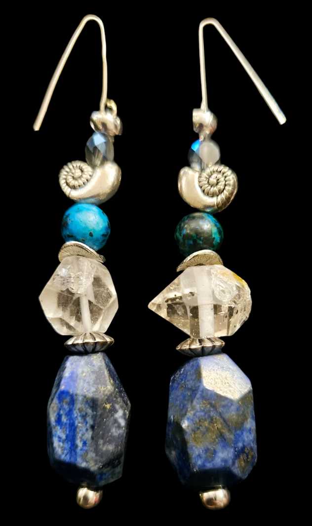 Lapis Lazuli & Double Terminated Quartz Pierced Earrings - Blue Silver & Clear Gemstone Dangle Ear Candy - Kat Kouture Jewelry