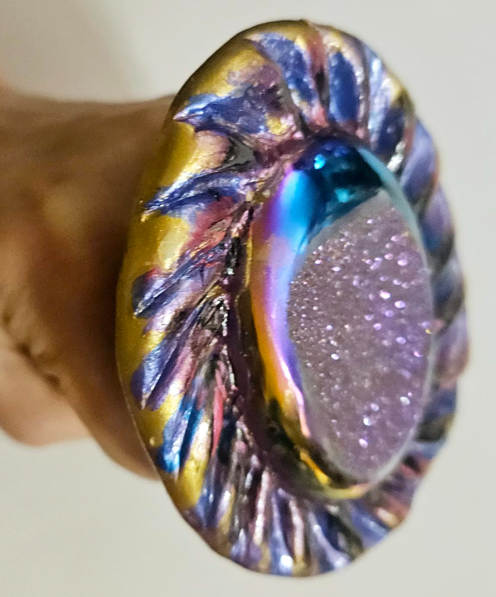 Titanium Druzy Sculpted Oversized Hand Ring - Jewel Tone Purple Blue Finger Candy - Flashy OOAK Artisan Cocktail Ring - Kat Kouture Jewelry