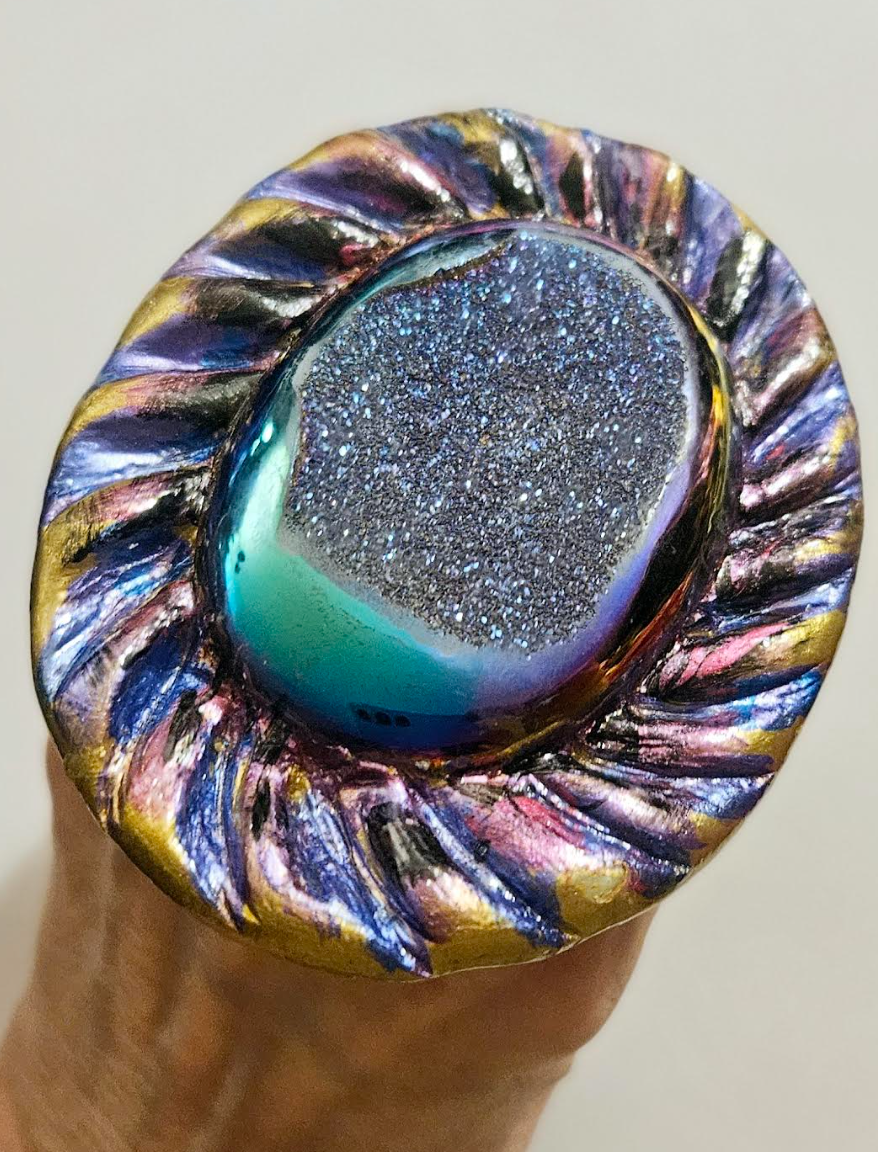 Titanium Druzy Sculpted Oversized Hand Ring - Jewel Tone Purple Blue Finger Candy - Flashy OOAK Artisan Cocktail Ring - Kat Kouture Jewelry