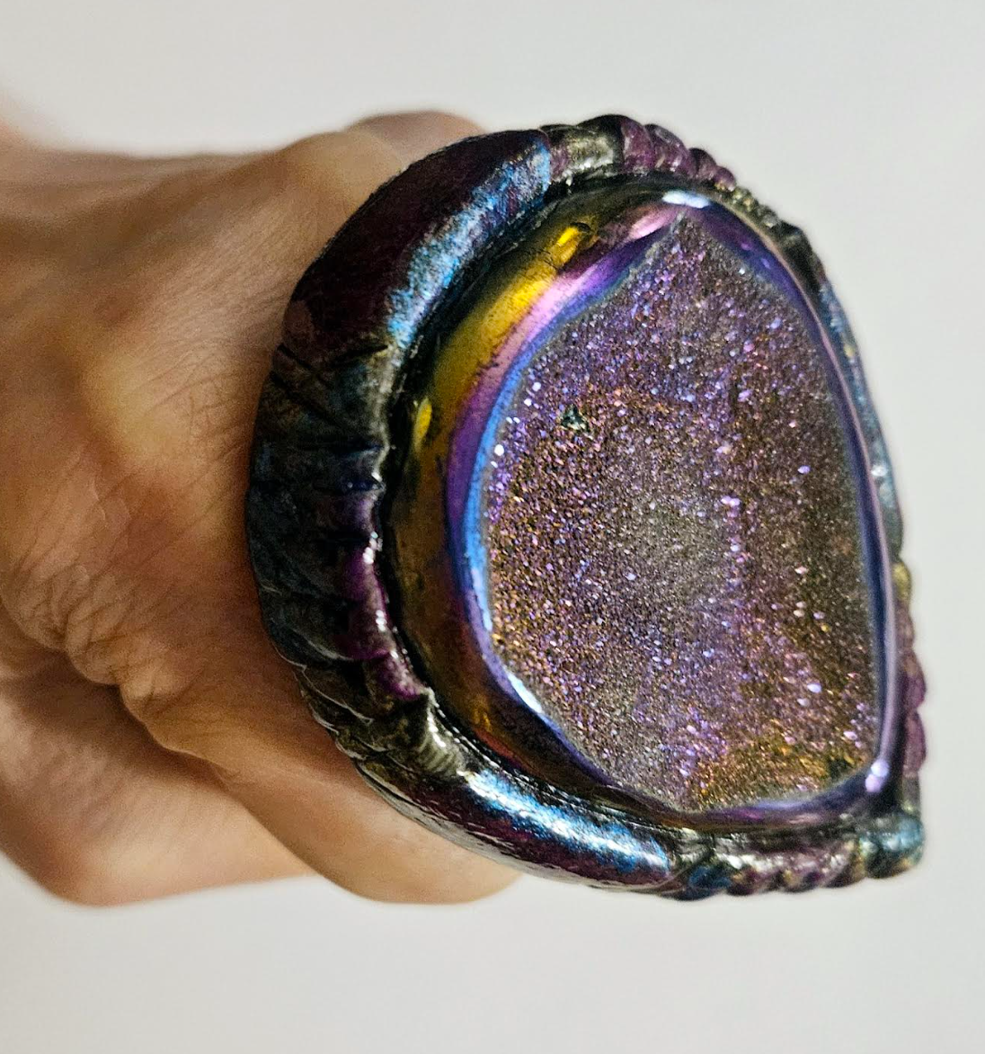 Heavily Crystallized Titanium Quartz Sculpted Statement Ring - Flashy Blue Purple Adjustable Hand Ring - Kat Kouture Jewelry