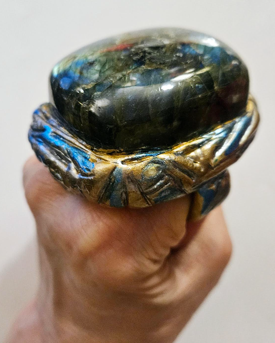 Labradorite Sculpted Two Finger Statement Ring -  Unisex Spectrolite Gemstone Hand Ring - Flashy Blue Green Gray & Gold Finger Candy - Kat Kouture Jewelry