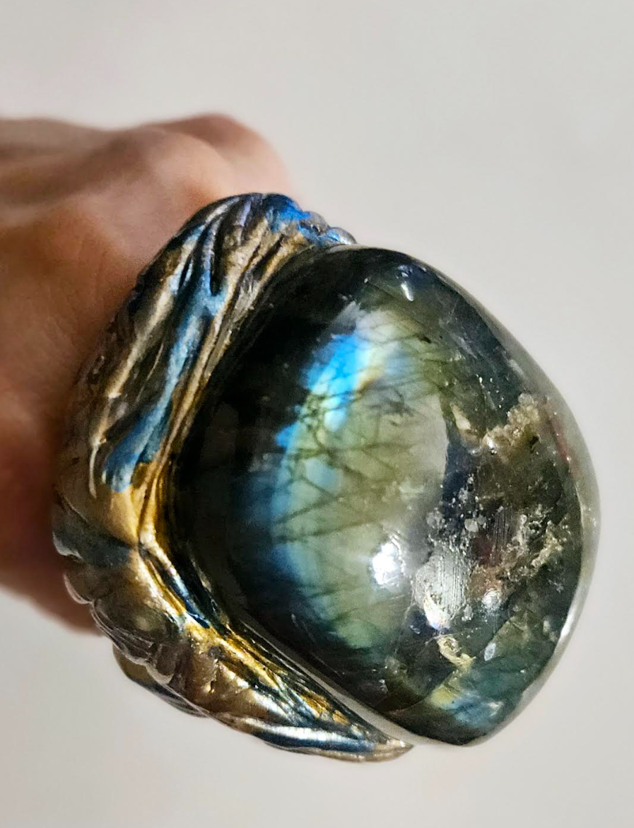 Labradorite Sculpted Two Finger Statement Ring -  Unisex Spectrolite Gemstone Hand Ring - Flashy Blue Green Gray & Gold Finger Candy - Kat Kouture Jewelry