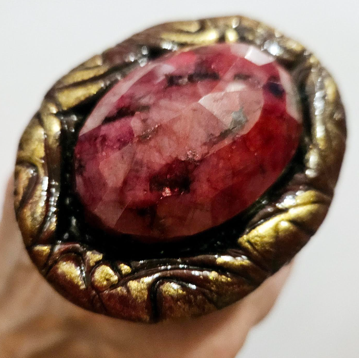 Faceted Ruby Sculpted Statement Ring - Two Finger Oversized Gemstone Ring for Petite Women - Kat Kouture Jewelry