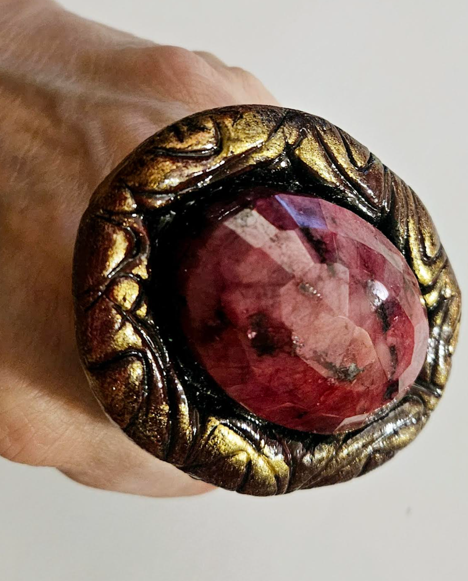 Faceted Ruby Sculpted Statement Ring - Two Finger Oversized Gemstone Ring for Petite Women - Kat Kouture Jewelry