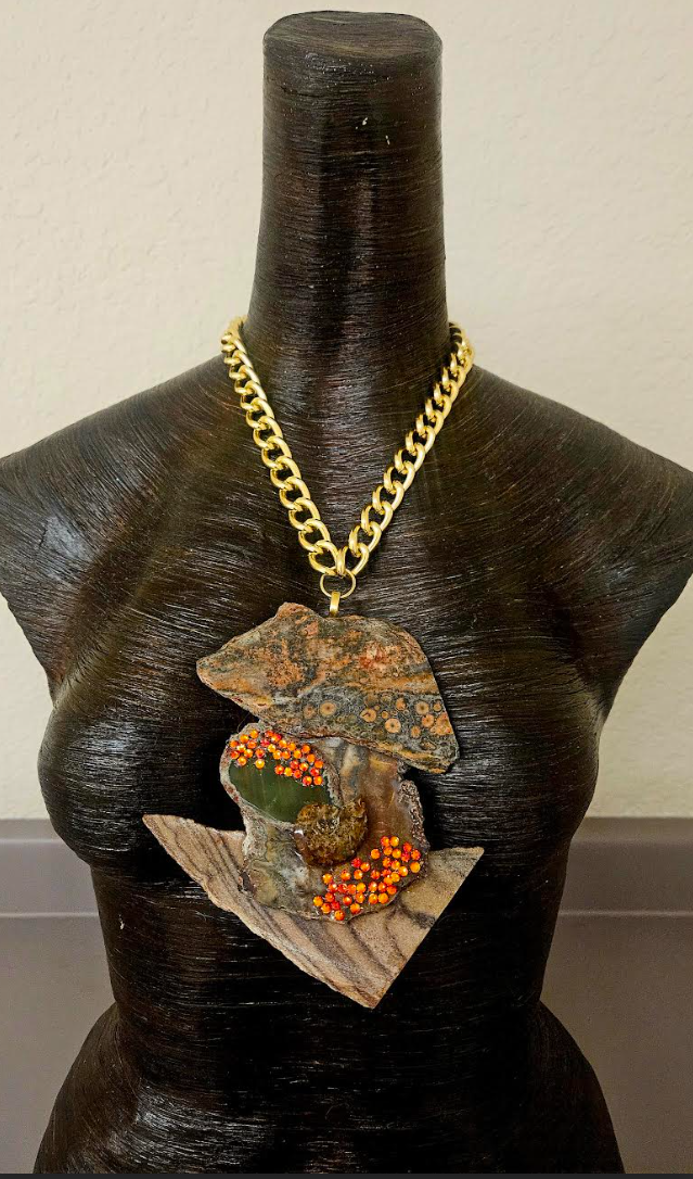 Earthy Jasper Slab & Swarovski Crystal Statement Pendant - Avant Garde Earth Tone Gemstone Slab Chest Piece - Unisex Slab Amulet - Kat Kouture Jewelry