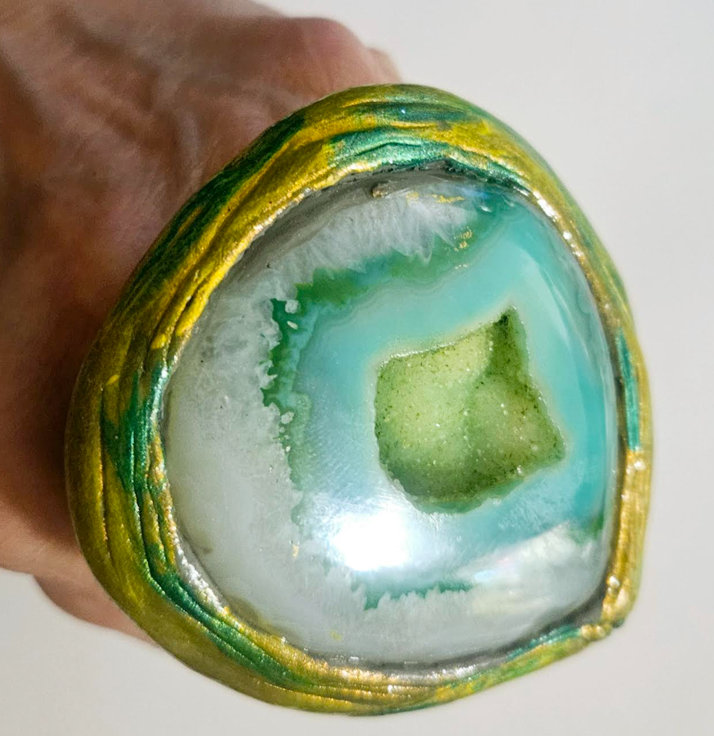 Green Druzy Agate Sculpted Two Finger Statement Ring - Exotic Gemstone Oversized Hand Ring - Runway Ready Finger Candy - Kat Kouture Jewelry