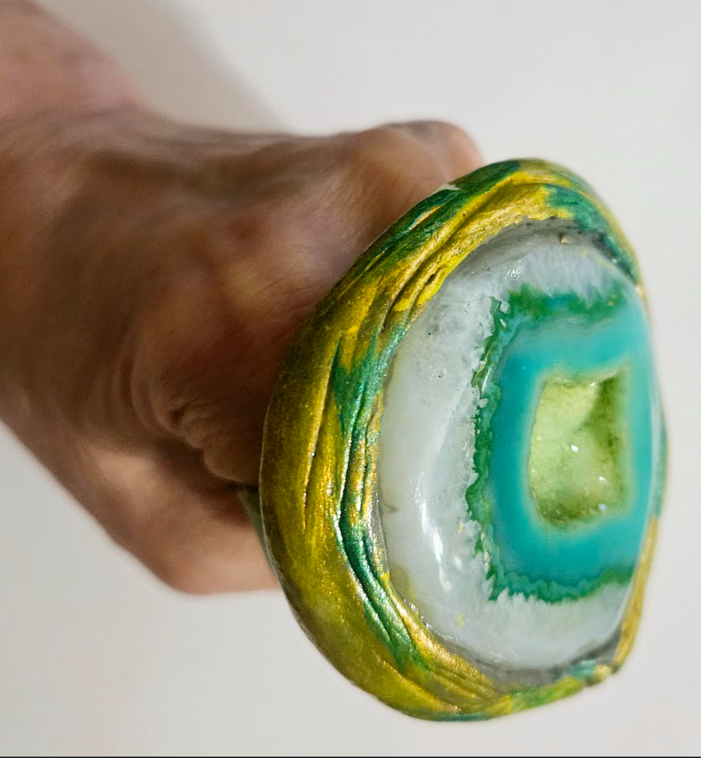 Green Druzy Agate Sculpted Two Finger Statement Ring - Exotic Gemstone Oversized Hand Ring - Runway Ready Finger Candy - Kat Kouture Jewelry