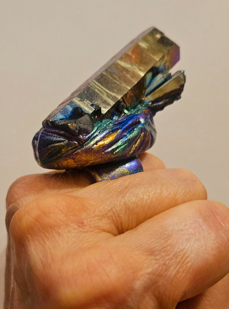 Rough Titanium Quartz Sculpted Statement Ring - Jewel Tone Avant Garde Gemstone Artisan Finger Candy - Flashy Hand Ring - Kat Kouture Jewelry