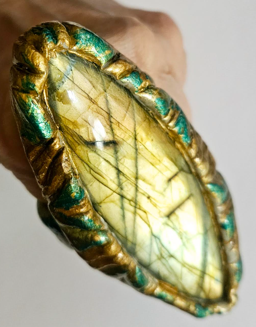 Golden Labradorite Sculpted Eliptical Shaped Statement Ring - Flashy Spectrolite Oversized Hand Ring - Kat Kouture Jewelry