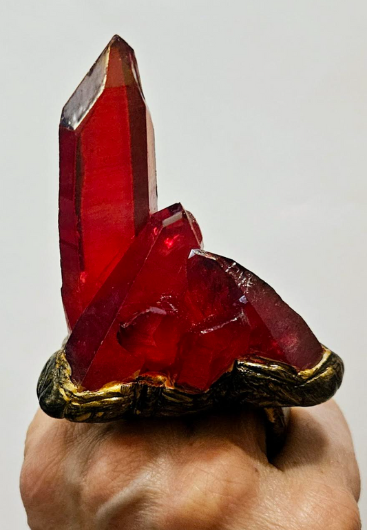 Ruby Red Rough Quartz Sculpted Statement Ring - Crystal Knuckle Hand Ring - Avant Garde Two Finger Gemstone Showstopper Cocktail Ring - Kat Kouture Jewelry