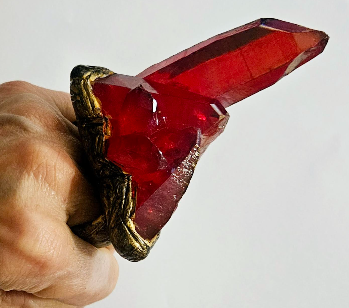 Ruby Red Rough Quartz Sculpted Statement Ring - Crystal Knuckle Hand Ring - Avant Garde Two Finger Gemstone Showstopper Cocktail Ring - Kat Kouture Jewelry