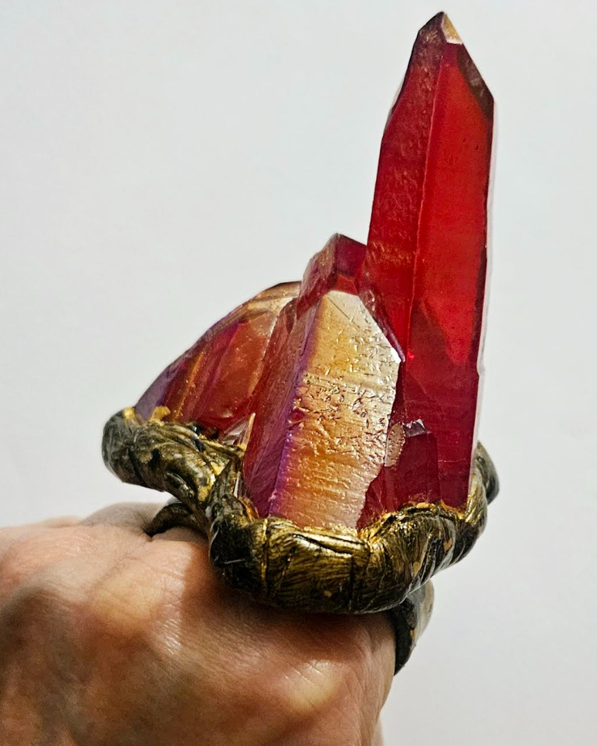 Ruby Red Rough Quartz Sculpted Statement Ring - Crystal Knuckle Hand Ring - Avant Garde Two Finger Gemstone Showstopper Cocktail Ring - Kat Kouture Jewelry