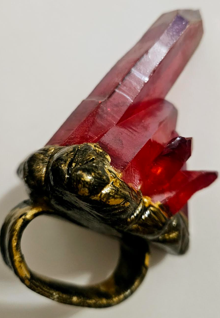 Ruby Red Rough Quartz Sculpted Statement Ring - Crystal Knuckle Hand Ring - Avant Garde Two Finger Gemstone Showstopper Cocktail Ring - Kat Kouture Jewelry