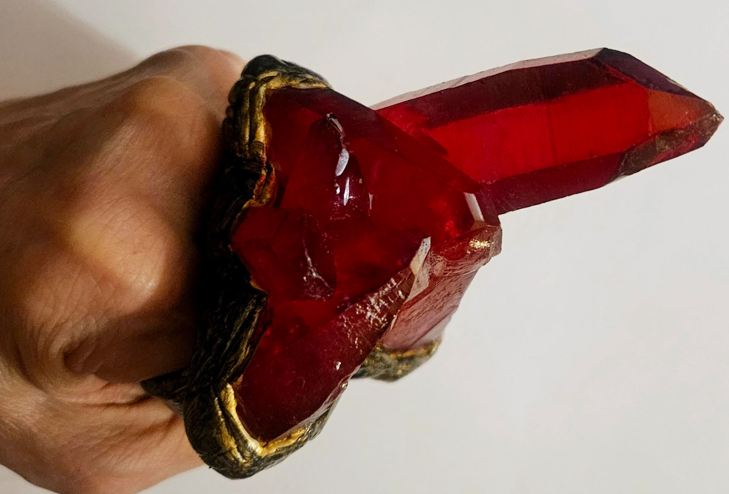 Ruby Red Rough Quartz Sculpted Statement Ring - Crystal Knuckle Hand Ring - Avant Garde Two Finger Gemstone Showstopper Cocktail Ring - Kat Kouture Jewelry