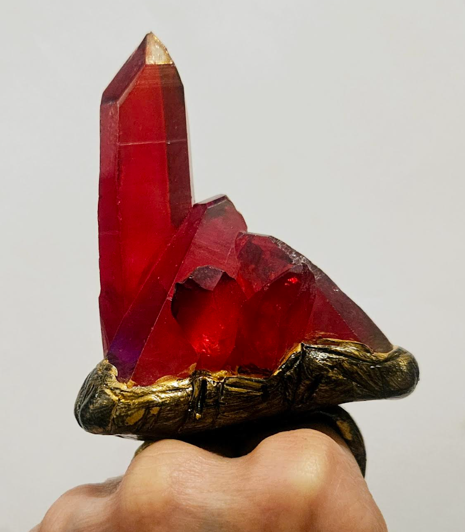 Ruby Red Rough Quartz Sculpted Statement Ring - Crystal Knuckle Hand Ring - Avant Garde Two Finger Gemstone Showstopper Cocktail Ring - Kat Kouture Jewelry