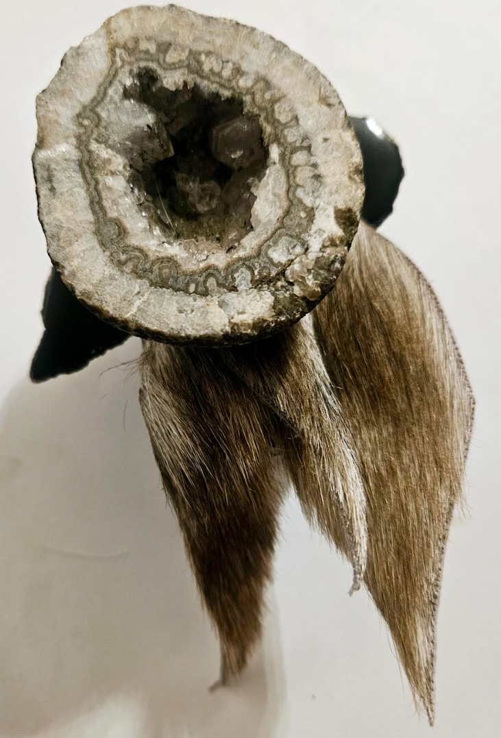 Avant Garde Geode & Fur Wild Artisan Adjustable Statement Ring - Two Finger Exotic and Wild Gemstone and Goat Skin Hand Ring - Kat Kouture Jewelry - Exotic and Wild Unisex Finger Candy