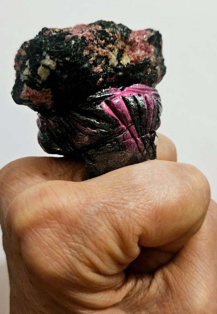 Rough Rhodochrosite Sculpted Statement Ring - Pink & Black Crystal Gemstone Finger Candy - Kat Kouture Jewelry