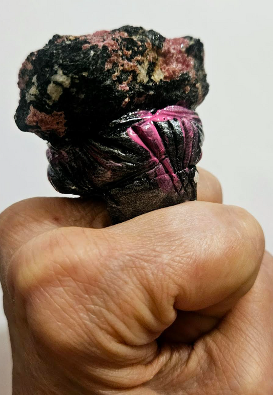 Rough Rhodochrosite Sculpted Statement Ring - Pink & Black Crystal