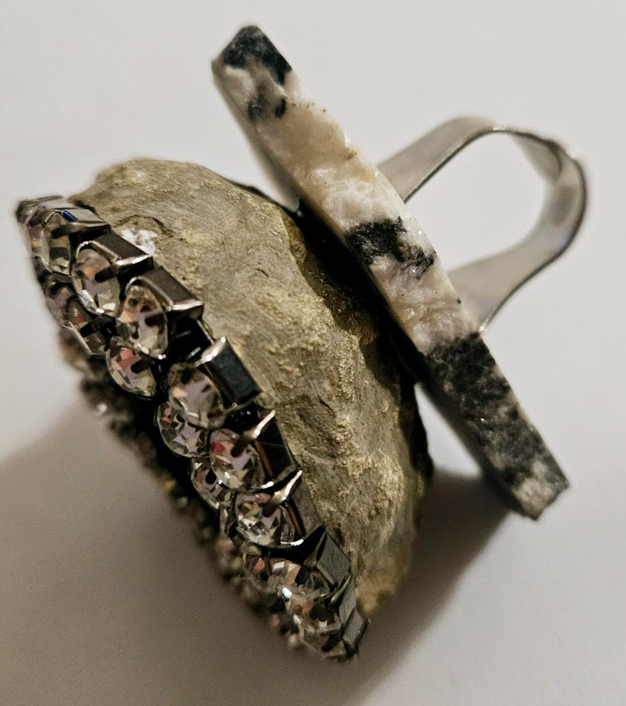 Rhinestone Geode & Jasper Slab Adjustable Statement Ring - Dramatic Crystal Cave Oversized Artisan Finger Candy - Kat Kouture Jewelry