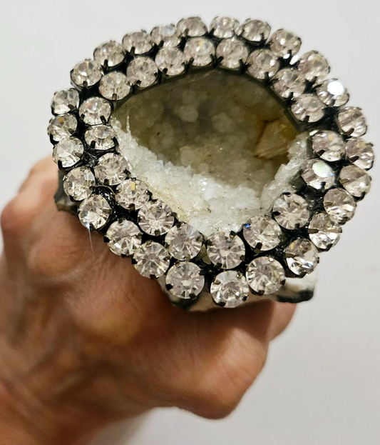 Rhinestone Geode & Jasper Slab Adjustable Statement Ring - Dramatic