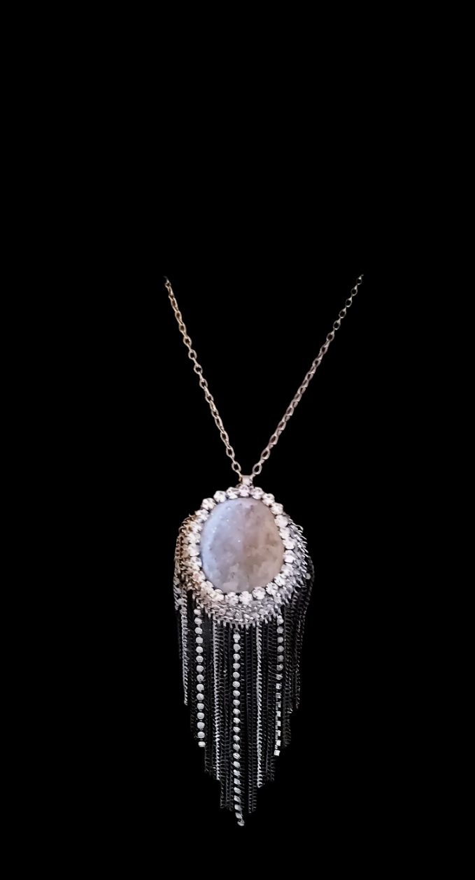 Geode Pendant with Rhinestone Waterfall Chain - Rhinestone Crystal Cave with Chainmail Fringe - Kat Kouture Jewelry