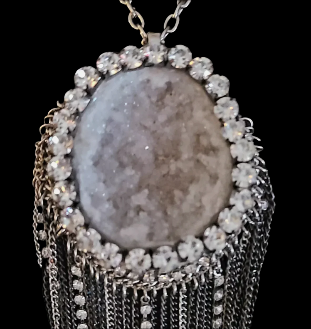 Geode Pendant with Rhinestone Waterfall Chain - Rhinestone Crystal Cave with Chainmail Fringe - Kat Kouture Jewelry