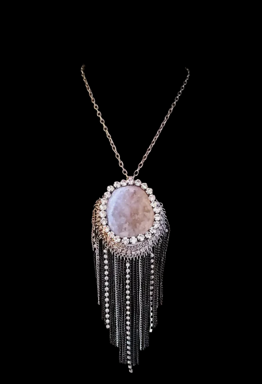 Geode Pendant with Rhinestone Waterfall Chain - Rhinestone Crystal Cave with Chainmail Fringe - Kat Kouture Jewelry