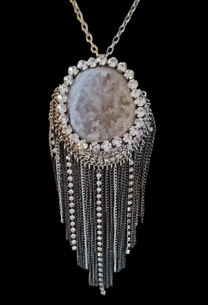 Geode Pendant with Rhinestone Waterfall Chain - Rhinestone Crystal Cave with Chainmail Fringe - Kat Kouture Jewelry