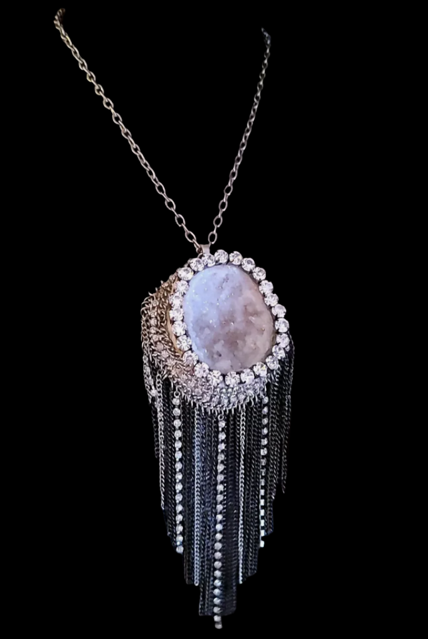 Geode Pendant with Rhinestone Waterfall Chain - Rhinestone Crystal Cave with Chainmail Fringe - Kat Kouture Jewelry