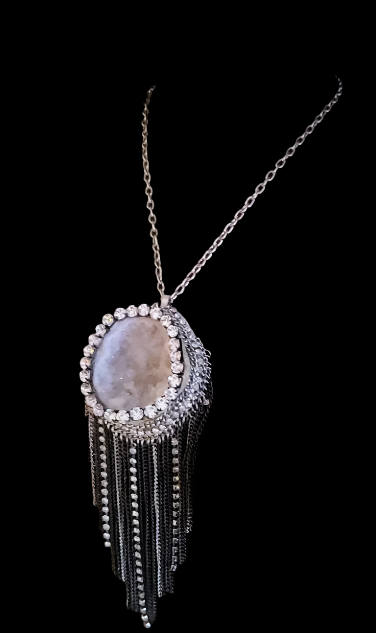 Geode Pendant with Rhinestone Waterfall Chain - Rhinestone Crystal Cave with Chainmail Fringe - Kat Kouture Jewelry