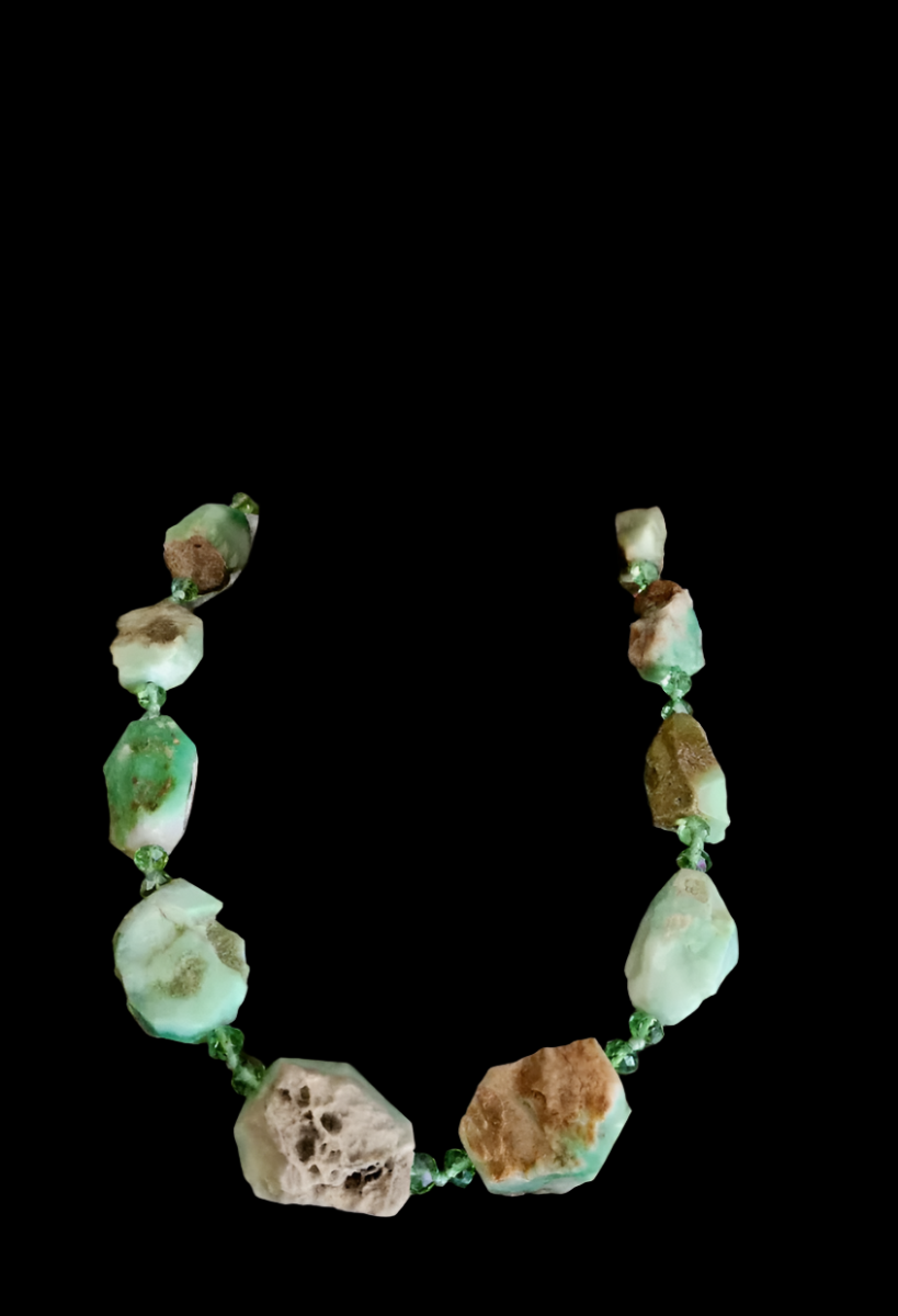 Rough Chrysoprase Nugget & Faceted Crystal Necklace - Green and Brown Gemstone Neck Candy - Kat Kouture Jewelry