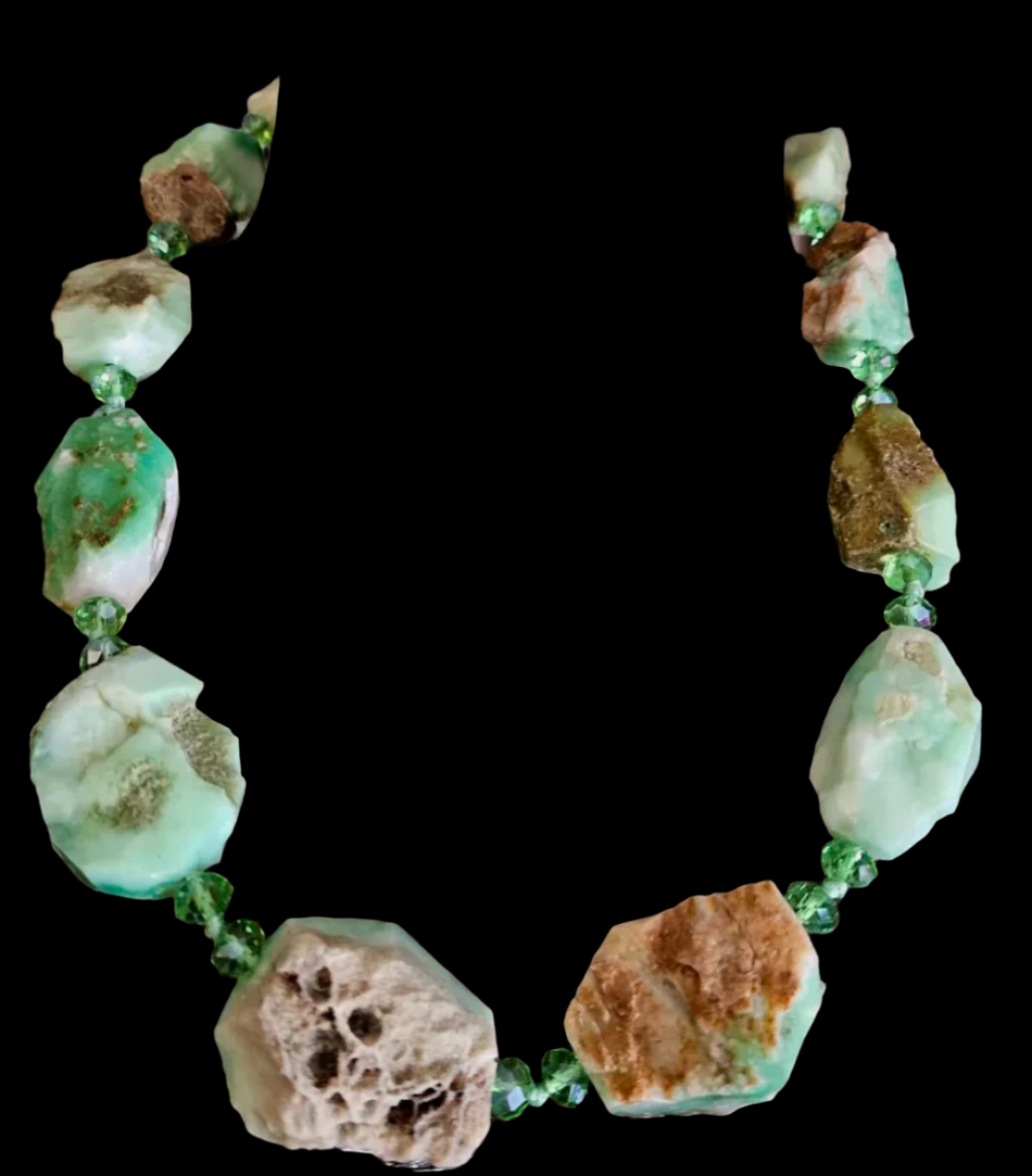 Rough Chrysoprase Nugget & Faceted Crystal Necklace - Green and Brown Gemstone Neck Candy - Kat Kouture Jewelry