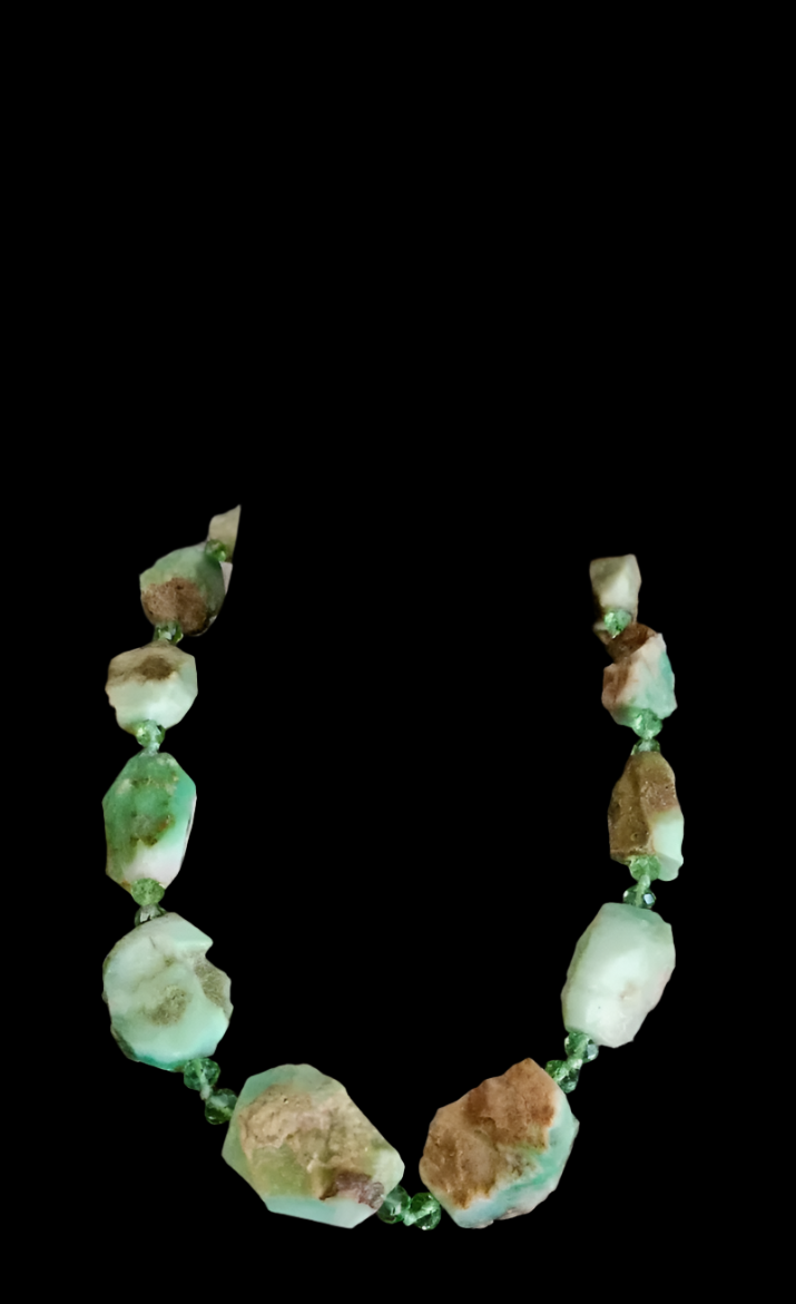 Rough Chrysoprase Nugget & Faceted Crystal Necklace - Green and Brown Gemstone Neck Candy - Kat Kouture Jewelry