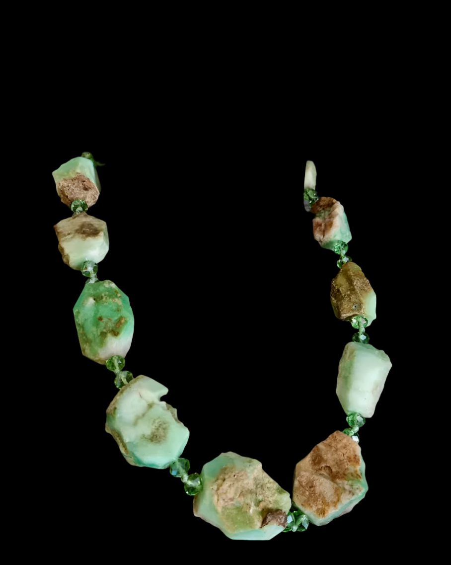 Rough Chrysoprase Nugget & Faceted Crystal Necklace - Green and Brown Gemstone Neck Candy - Kat Kouture Jewelry