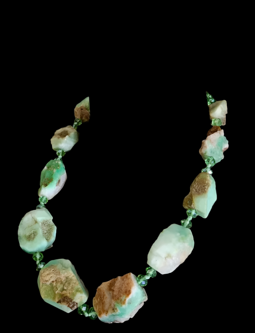 Rough Chrysoprase Nugget & Faceted Crystal Necklace - Green and Brown Gemstone Neck Candy - Kat Kouture Jewelry