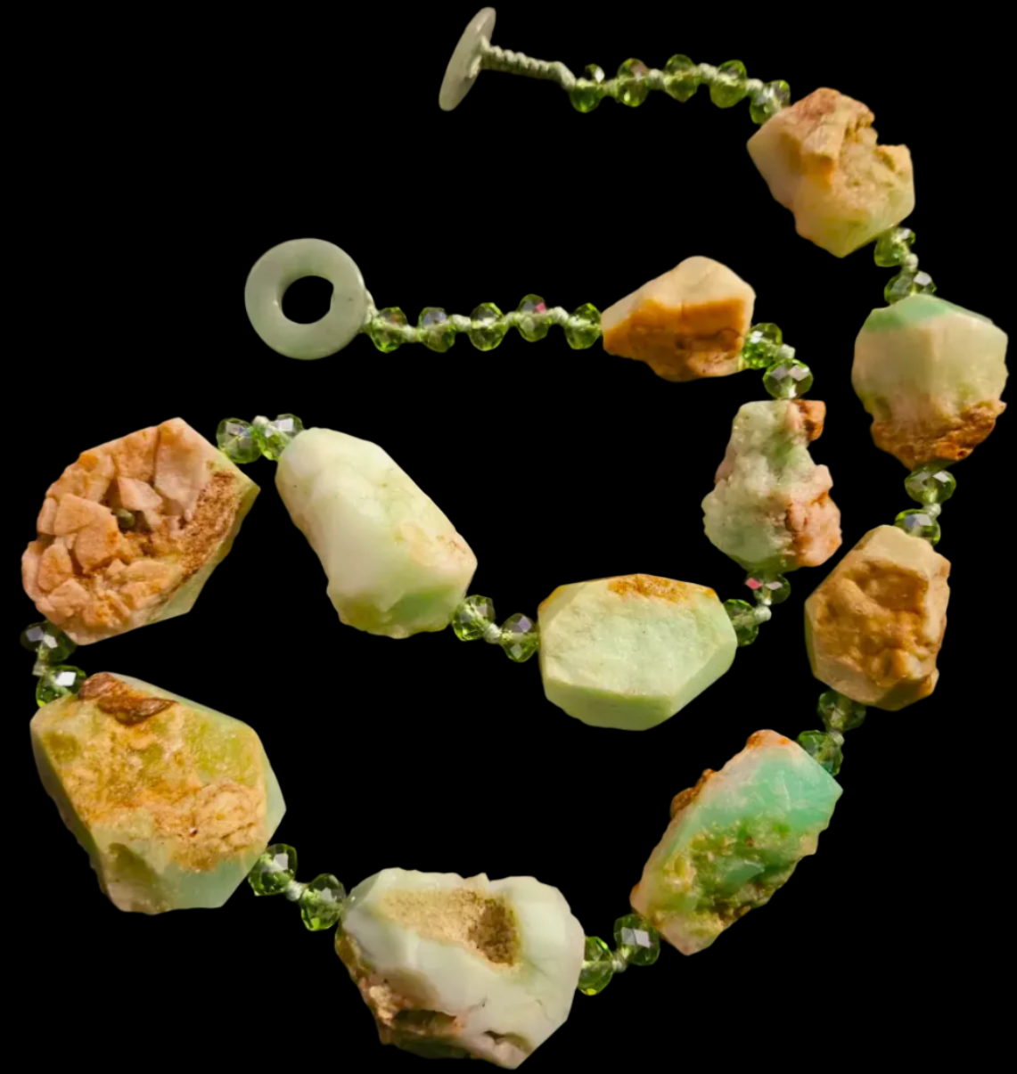 Rough Chrysoprase Nugget & Faceted Crystal Necklace - Green and Brown Gemstone Neck Candy - Kat Kouture Jewelry